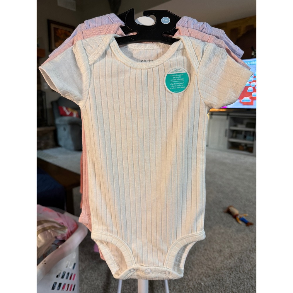 Carters Baby Girls 3 Pack Ribbed Short Sleeve Bodysuits White Pink Purple 3-6M